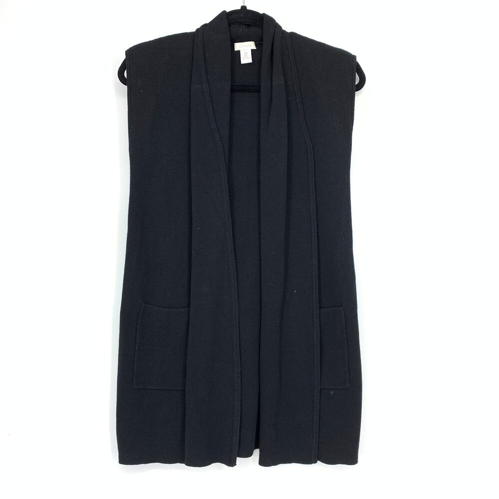 Chicos Open Front Sweater Vest Womens Size 0 US Small Black Pockets